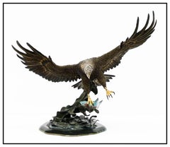 Chester Fields Large Bronze Eagle Sculpture Fly Fishing Signed Authentic Artwork