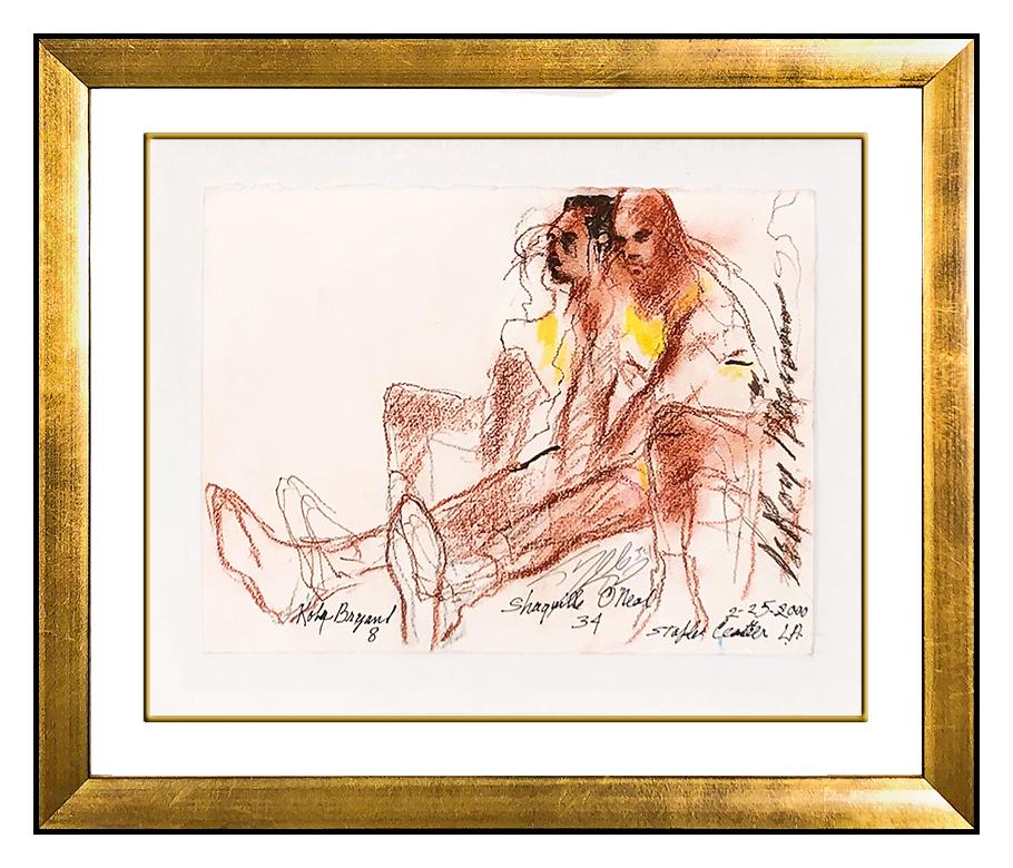 Leroy Neiman Figurative Art - LeRoy Neiman Pastel Drawing Kobe Bryant Shaquille Oneal Shaq Signed Basketball