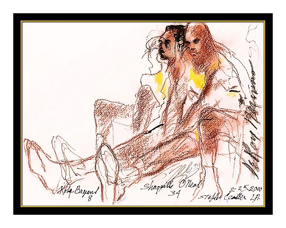 LeRoy Neiman Pastel Drawing Kobe Bryant Shaquille Oneal Shaq Signed Basketball - Art by Leroy Neiman