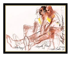 LeRoy Neiman Pastel Drawing Kobe Bryant Shaquille Oneal Shaq Signed Basketball