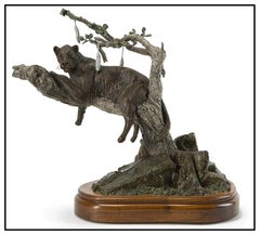 Vintage Gary Robert Swanson Full Round Bronze Animal Sculpture Leopard In Tree Signed
