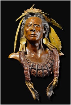 Dan Garrett Native American Bronze Relief Sculpture Bear Medicine Man Signed Art