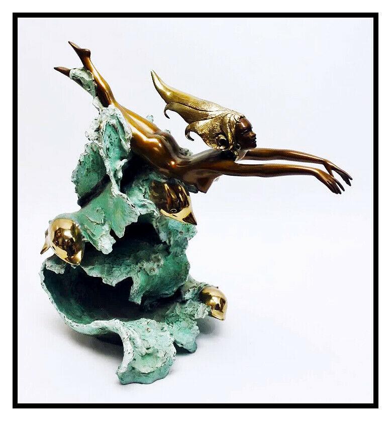 Angelo Basso Figurative Sculpture - Angel Basso Original Bronze Sculpture Companions Nude Female Sealife Signed Art