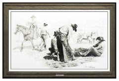 Retro Bill Anton Large Charcoal Drawing Signed Cowboy Western Illustration Framed Art