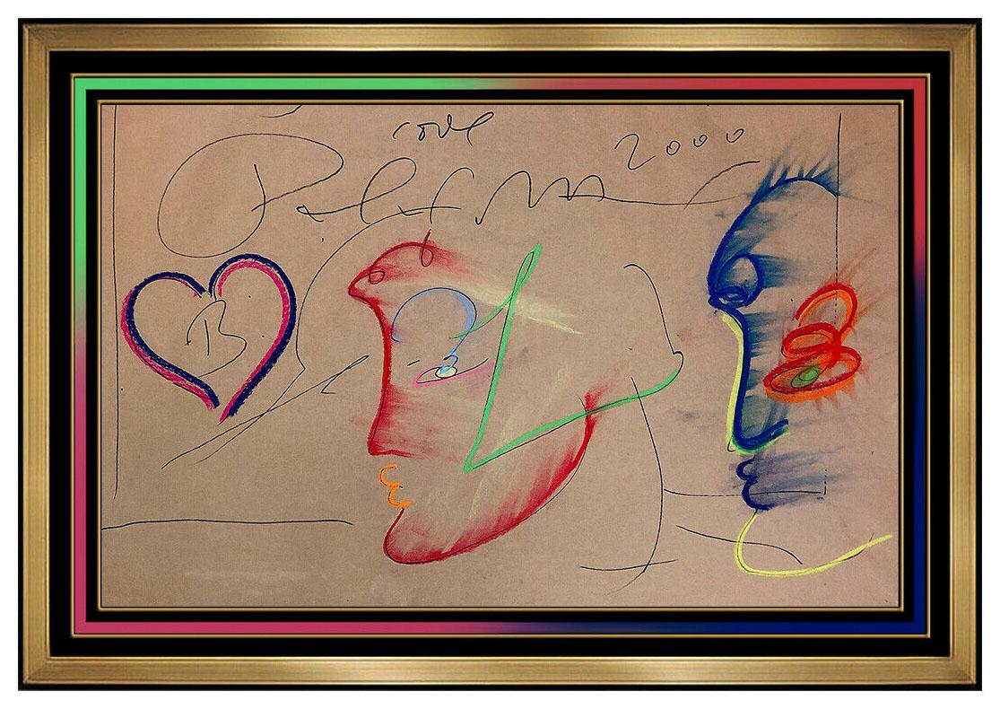 Peter Max Original Ink Drawing Large Friends Profile Love Signed Framed Pop Art 1