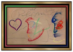 Peter Max Original Ink Drawing Large Friends Profile Love Signed Framed Pop Art