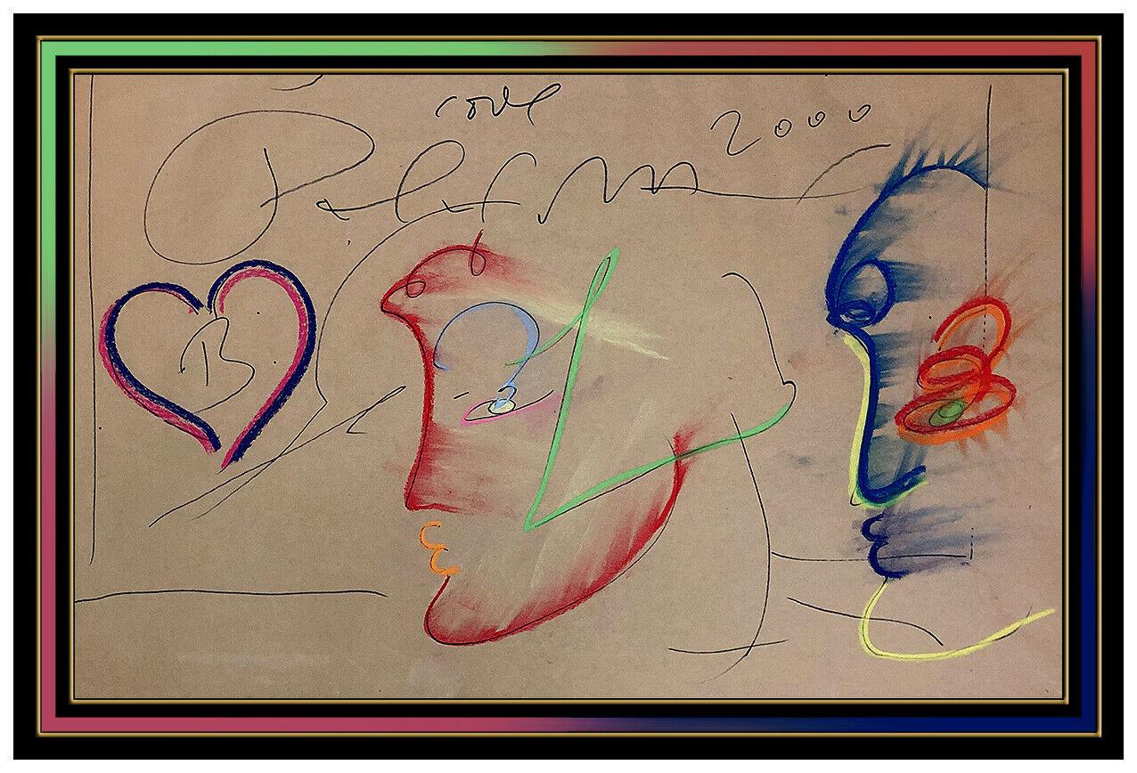 Peter Max Original Ink Drawing Large Friends Profile Love Signed Framed Pop Art 2