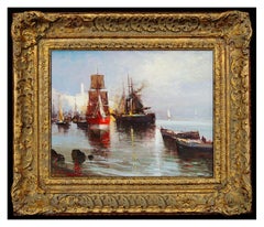 Claudio Simonetti Oil Painting On Board Original Signed Italian Harbor Water Art