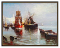 Claudio Simonetti Oil Painting On Board Original Signed Italian Harbor Water Art