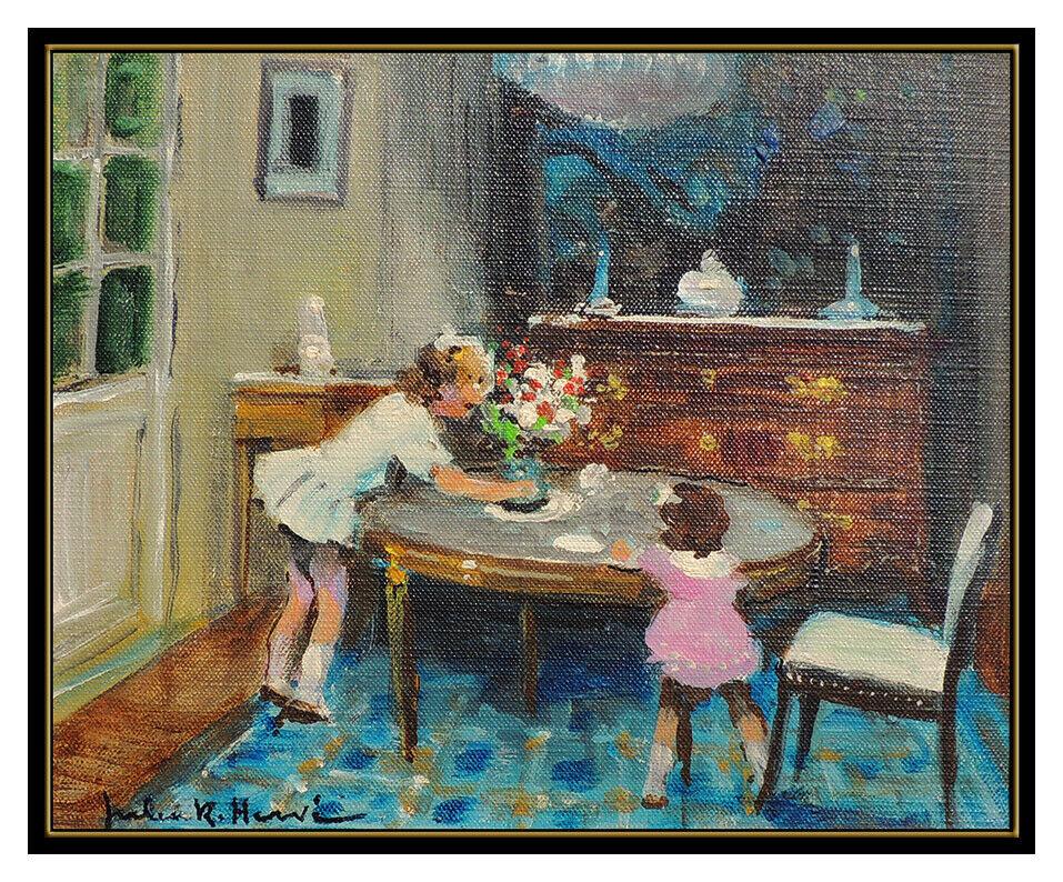 Jules R Herve Original Oil Painting On Canvas Children Portrait Floral Signed - Black Interior Painting by Jules R. Herve