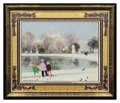 Peinture à l'huile sur toile originale de Jules R Herve représentant un paysage urbain de Paris, signée