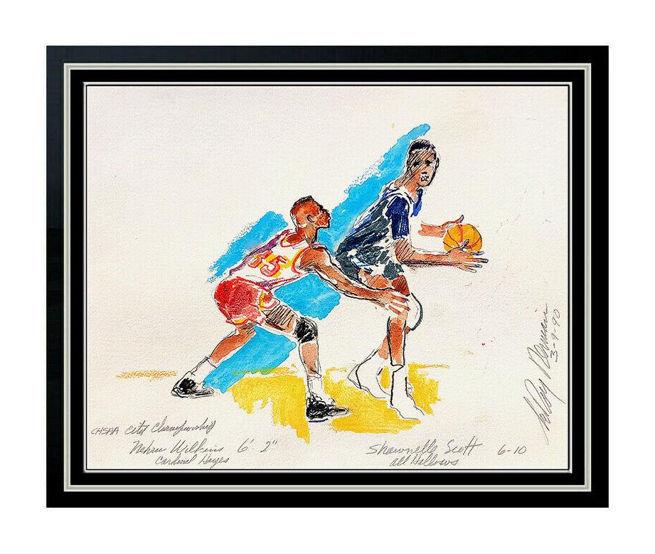 Leroy Neiman Figurative Art - LEROY NEIMAN Original Watercolor Painting Basketball Sports Signed AUTHENTIC