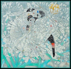 Jiang Tie Feng Little White Flowers Color Serigraph Chinese Female Framed Art