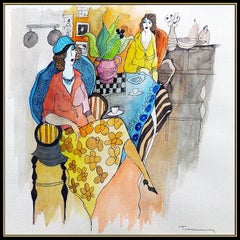 Itzchak TARKAY Original Painting Watercolor Signed Lady Cafe Portrait Artwork
