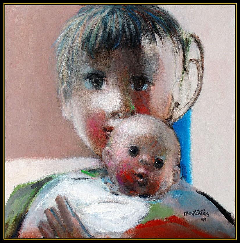 Jose Montanes Original Painting Oil on Canvas Signed Child Portrait Cubism Art For Sale 1