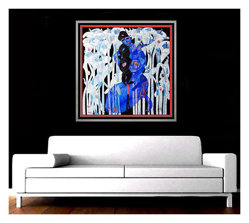 Jiang Tie Feng Abstract Print - JIANG Tie Feng Color Serigraph Calla Lilies Signed LARGE Chinese Nude Artwork