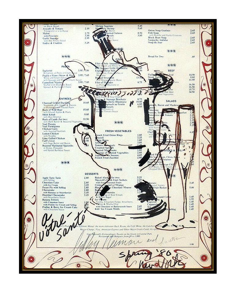 LeRoy Neiman Original Ink Drawing Hand Signed Bar Scene Artwork Framed Painting - Beige Still-Life by Leroy Neiman