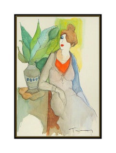 Itzchak Tarkay Original Painting Watercolor Signed Female Portrait Lade Cafe Art