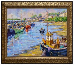 James Brohan Large Original Painting Oil On Canvas Signed Art Harbor Landscape