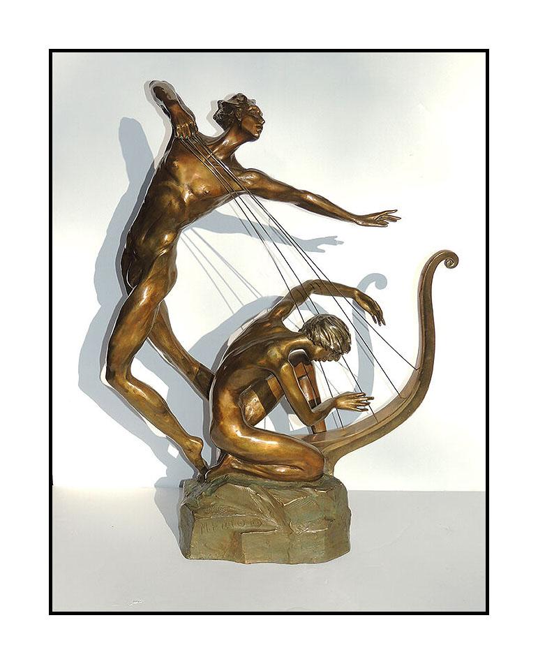 Misha Frid Nude Sculpture - MISHA FRID Original BRONZE SCULPTURE Signed Harp Player Authentic Art Music Rare
