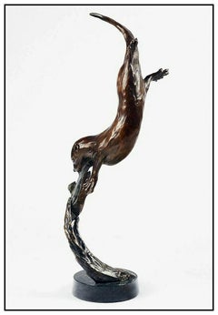 Christopher Smith Original Bronze Sculpture Signed Large Otter Fish Wildlife Art