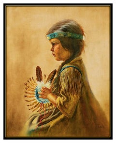 Gregory Perillo Oil Painting On Canvas Signed Native American Child Portrait Art
