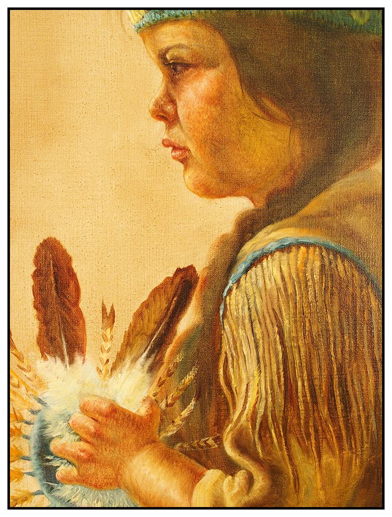 Gregory Perillo Oil Painting On Canvas Signed Native American Child Portrait Art For Sale 1