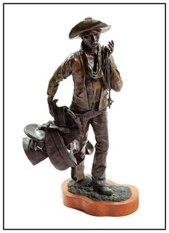 Daro Flood Western Bronze Sculpture Full Round Signed The Mustanger Cowboy Horse