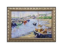 James Brohan Large Original Painting Oil On Canvas Signed Art Harbor Landscape