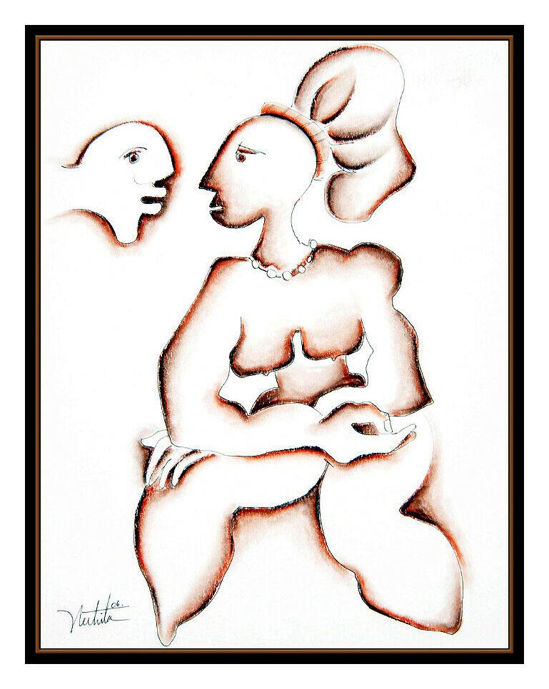 Alexandra Nechita Original Ink Drawing Signed Female Portrait Picasso Framed Art For Sale 1