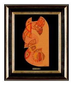 Vintage Anthony Quinn Rare Color Ink Drawing Original Modern Cubism Signed Bird Artwork