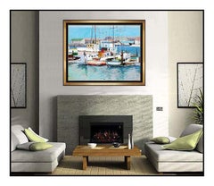 Anton Sipos Large Original Oil Painting On Canvas Signed Boat Harbor Artwork SBO