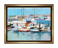 Anton Sipos Large Original Oil Painting On Canvas Signed Boat Harbor Artwork SBO