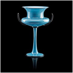 Retro Dante Marioni Original Hand Blown Blue Glass Vessel Signed Chalice Vase Cup Art