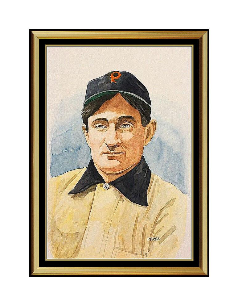 Dick Perez Portrait Painting - DICK PEREZ Original Painting HONUS WAGNER Signed Baseball Card Hall of Fame Art