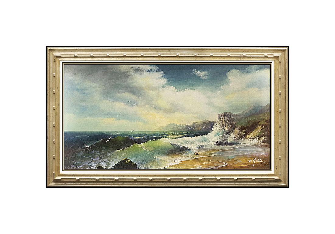 EUGENE GARIN Original PAINTING Large Oil on CANVAS Signed Artwork Seascape Wave - Painting by Eugene Garin