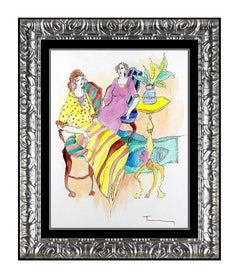 ITZCHAK TARKAY Original Watercolor PAINTING Hand Signed Authentic Cafe Women Art