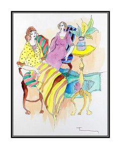 ITZCHAK TARKAY Original Watercolor PAINTING Hand Signed Authentic Cafe Women Art