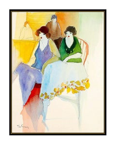 Itzchak Tarkay Original Watercolor Painting Signed Female Portrait Cafe Artwork