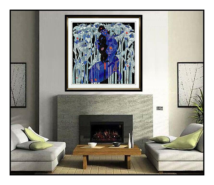 Jiang Tie Feng Calla Lilies Large Color Serigraph Signed Female Portrait Artwork For Sale 1