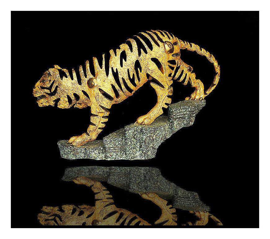 JIANG Tie Feng LARGE 1/2 LIFE Golden Tiger BRONZE SCULPTURE Signed Chinese Art - Sculpture by Jiang Tie Feng