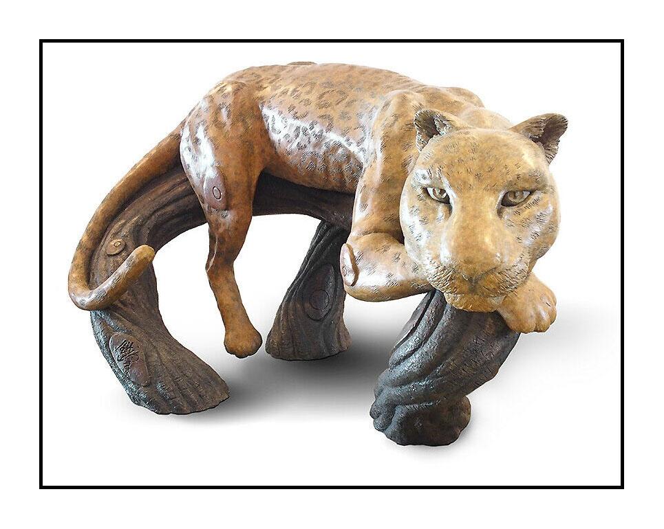 Jiang Tie Feng Large Leopard Family Full Round Bronze Sculpture Signed Artwork For Sale 2