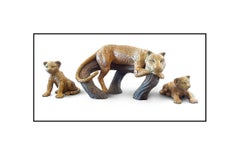 Jiang Tie Feng Large Leopard Family Full Round Bronze Sculpture Signed Artwork