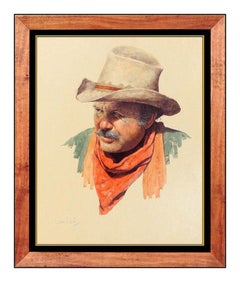 Retro Jim Daly Oil Painting On Board Original Signed Cowboy Portrait Male Illustration