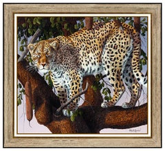 Vintage Gary Robert Swanson Large Oil Painting On Canvas Signed Leopard Animal Artwork