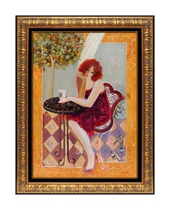 Mahmoud Sabzi Large Oil On Canvas Original Painting Signed Framed Cafe Lady Art