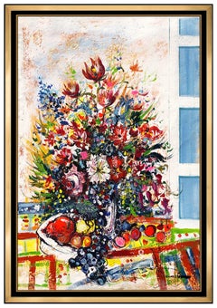 Vintage Guy Dessapt Original Painting Oil On Canvas Floral Still Life Frame Large Art