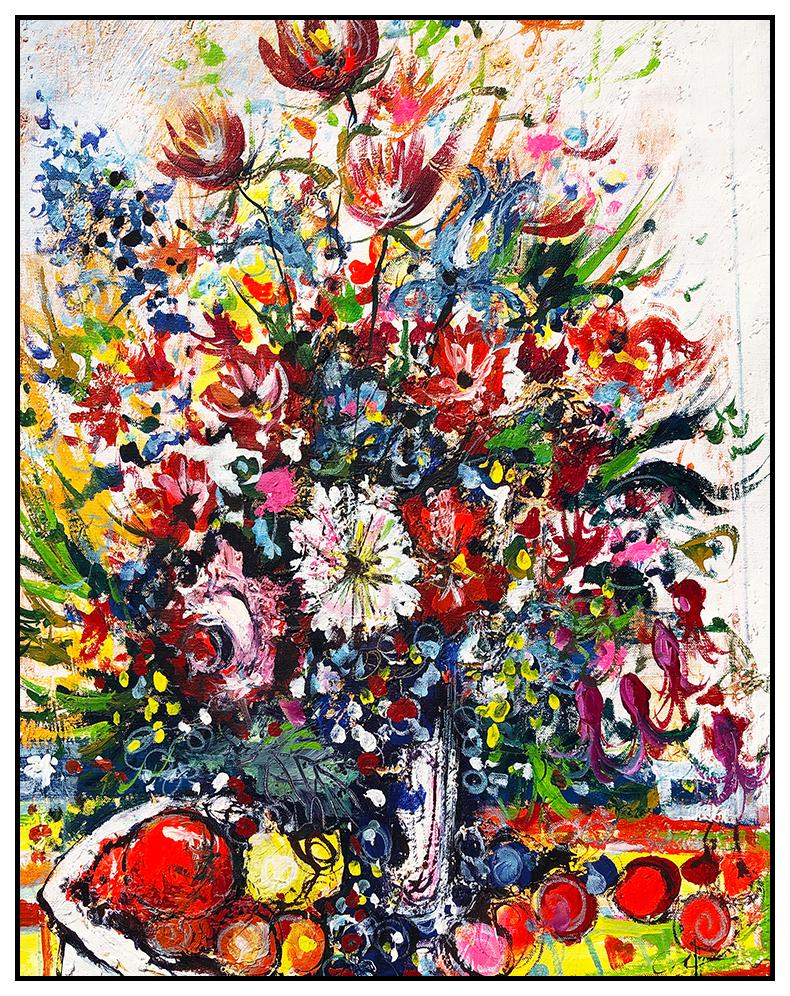 Guy Dessapt Original Painting Oil On Canvas Floral Still Life Frame Large Art For Sale 2