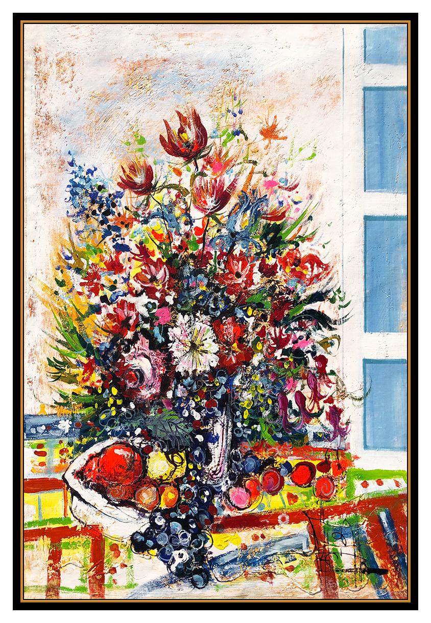 Guy Dessapt Original Painting Oil On Canvas Floral Still Life Frame Large Art For Sale 1