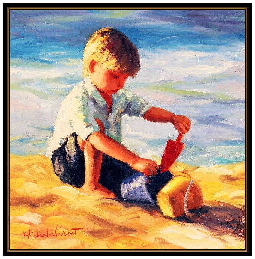 Michael Vincent Original Oil Painting On Canvas Signed Child Boy Beach Artwork For Sale 1